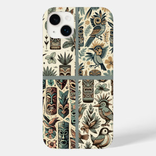 ビンテージ トロピカル ティキ マスクと鳥 グレー グリーン Case-Mate iPhone 14 PLUSケース