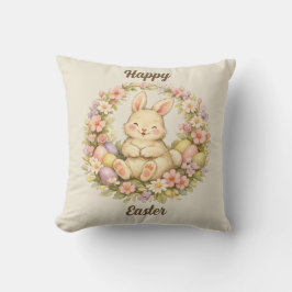 ビンテージ ハッピーイースターバニー フローラルリース クッション