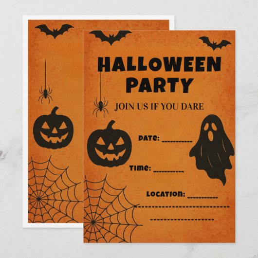 ビンテージ ハロウィンパーティー 招待状 | 不気味なアイコン (正面/裏面)