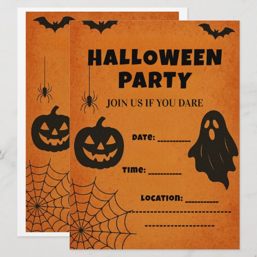 ビンテージ ハロウィンパーティー 招待状 | 不気味なアイコン (正面/裏面)
