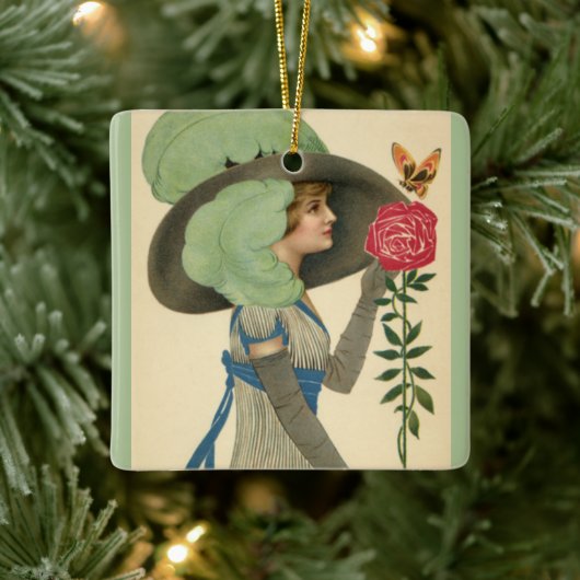 ビンテージ バレンタインデー、レディー レッド ローズ バタフライ セラミックオーナメント (ツリー)