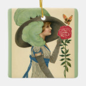 ビンテージ バレンタインデー、レディー レッド ローズ バタフライ セラミックオーナメント (正面)