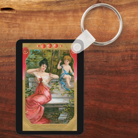 ビンテージ バレンタインデー、ヴィクトリア朝の女性とキューピッド キーホルダー (裏面)