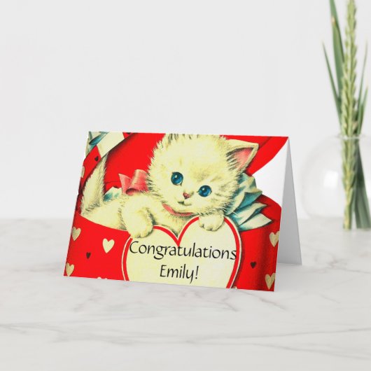ビンテージ バレンタイン 白い子猫 赤いハートの箱 カード (正面)
