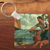 ビンテージ ビジネス、ドックワーカーと石油タンカー船 キーホルダー (正面)