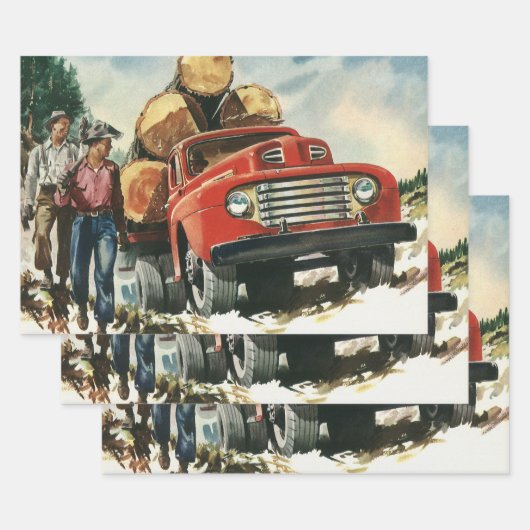 ビンテージ ビジネス、伐採トラックと材木屋 ラッピングペーパーシート (セット)