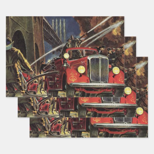 ビンテージ ビジネス、消防士 消防車 消防隊員 ラッピングペーパーシート (セット)