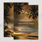 ビンテージ ビーチ サンセット | ストリング ライト パームズ ウェディング 招待状 (正面/裏面)