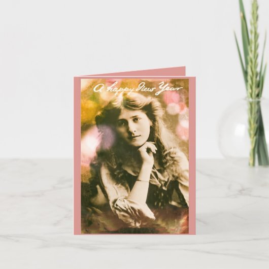 ビンテージ　ピンクの新年女性 カード (正面)