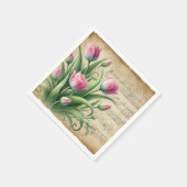 ビンテージ ピンク＆グリーン ウォーターカラー チューリップ デコパージュ スタンダードカクテルナプキン (角)