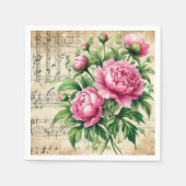 ビンテージ ピンク＆グリーン 水彩 牡丹 デコパージュ スタンダードカクテルナプキン (正面)