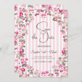 ビンテージ ピンク ローズ コケッティー ボウ ストライプス 招待状 (正面/裏面)