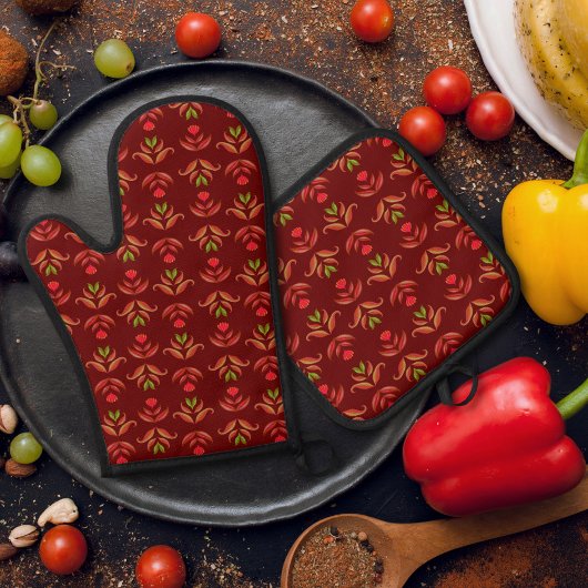 ビンテージ フォークアート フラワー プリント コージー ラスティック オータム 鍋つかみ&鍋敷きセット