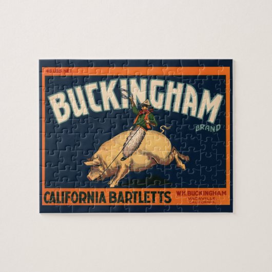 ビンテージ フルーツ crate ラベル アート - 牛男が豚でロデオ ジグソーパズル (横)