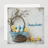 ビンテージ ブルーのイースターエッグ 水彩の水仙 シーズンカード (正面/裏面)