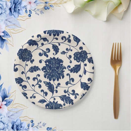 ビンテージ ブルー & ホワイト うずまき ボタンカル フラワーズ ペーパープレート