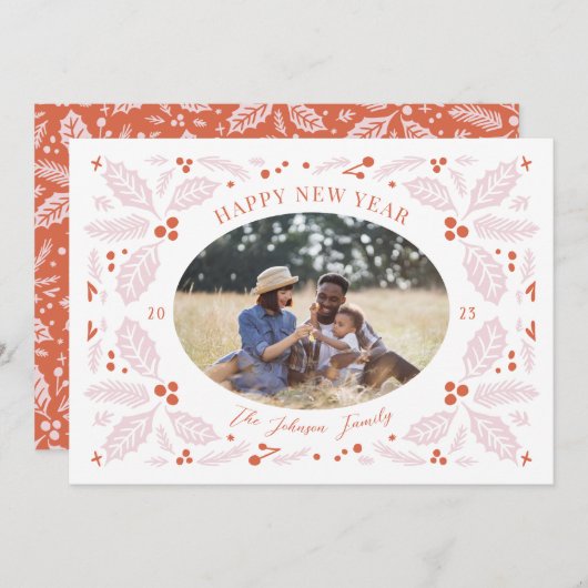 ビンテージ ホリーベリー オーバル フォト | 明るい 赤 ピンク シーズンカード (正面/裏面)