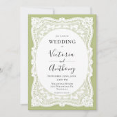 ビンテージ ホワイトレース グリーン ラスティック ウェディング 招待状 (正面)