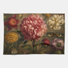 ビンテージ・ボタンと蝶の植物画 オイルペインティング キッチンタオル