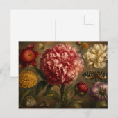 ビンテージ・ボタンと蝶の植物画 オイルペインティング ポストカード (正面/裏面)