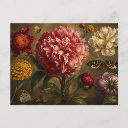 ビンテージ・ボタンと蝶の植物画 オイルペインティング ポストカード (正面)