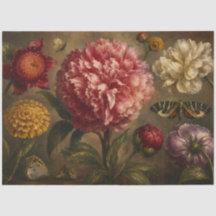 ビンテージ・ボタンと蝶の植物画 オイルペインティング