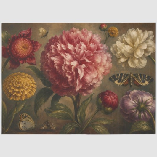 ビンテージ・ボタンと蝶の植物画 オイルペインティング 薄葉紙 (正面)