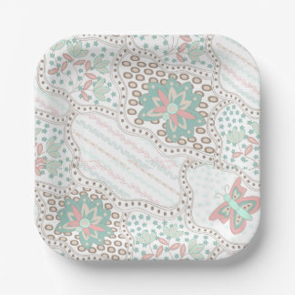 ビンテージ ボヘミアンフラワーと蝶の模様 ペーパープレート