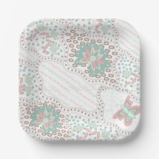 ビンテージ ボヘミアンフラワーと蝶の模様 ペーパープレート (正面)