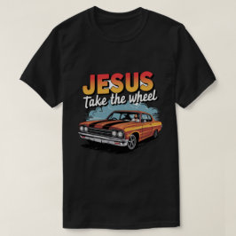 ビンテージ マッスルカーのイエス様がハンドルを握る Tシャツ