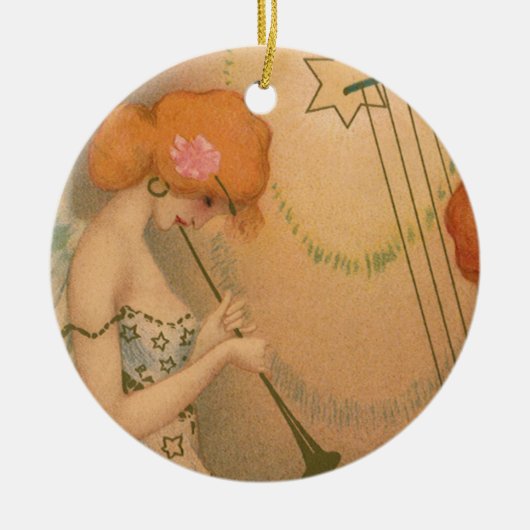 ビンテージ ミュージック ヴィクトリアン エンジェル ミュージシャン フルート ハープ セラミックオーナメント (正面)