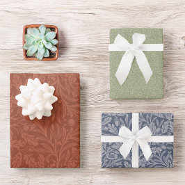 ビンテージ モリス レッド ブルー グリーン オークの葉とどんぐり ラッピングペーパーシート