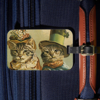 ビンテージ ユーモア、ビクトリア朝の猫の花嫁と新郎の帽子をかぶった猫 ラゲッジタグ