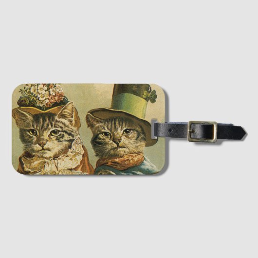 ビンテージ ユーモア、ビクトリア朝の猫の花嫁と新郎の帽子をかぶった猫 ラゲッジタグ (正面横)