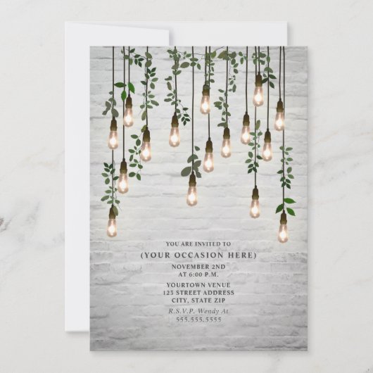 ビンテージ ライト ホワイト ブリック ボタニカル パーティ 招待状 (正面)