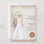 ビンテージ ラスティック ウォーターカラー ロマンチック ストリング ライト 招待状 (正面)