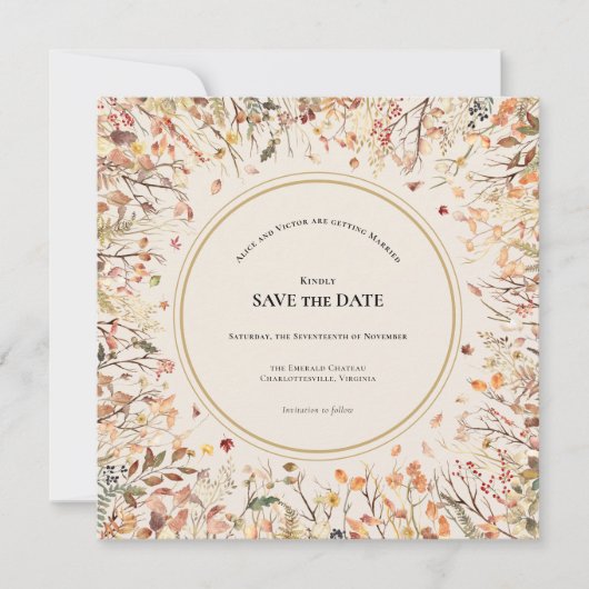 ビンテージ ラスティック オータム ベージュ ウェディング モノグラム スクエア セーブザデート (正面)