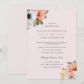 ビンテージ ラスティック ピーチ ホワイト フローラル ウェディング インビテーション (正面/裏面)