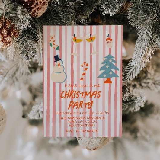 ビンテージ レッド イラスト クリスマス パーティー ストライプ 招待状