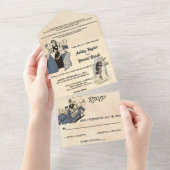ビンテージ レトロ オールド ルースチック シック コミック スタイル ウェディング オールインワン招待状 (貼ってはがせる)