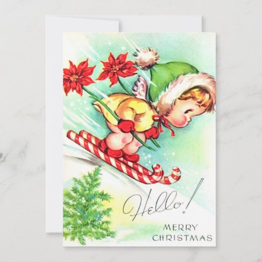 ビンテージ レトロ クリスマスの天使 スキー シーズンカード (正面)