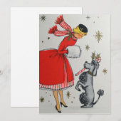 ビンテージ レトロ クリスマスの女性とプードル シーズンカード (正面/裏面)