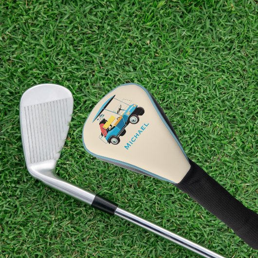 ビンテージ レトロ ゴルフカート かわいい 青 モノグラム入り ゴルフヘッドカバー