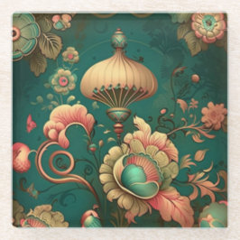 ビンテージ レトロ デザイン フラワーズ グリーン ガラスコースター