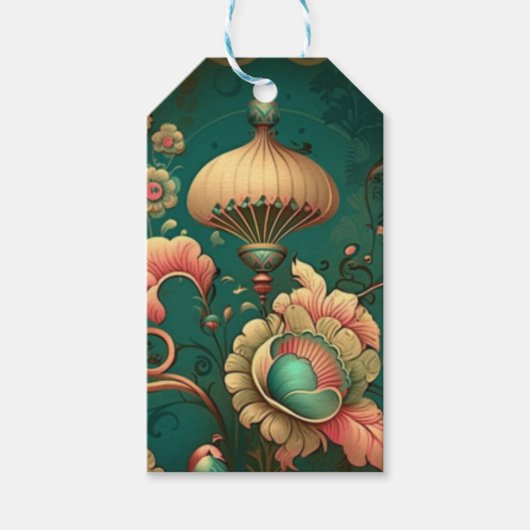 ビンテージ レトロ デザイン フラワーズ グリーン ギフトタグ (正面)