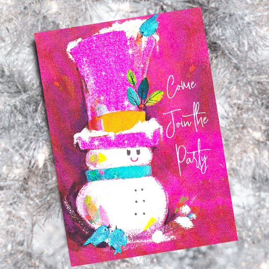 ビンテージ レトロ 雪だるま ピンク クリスマス お正月 招待状