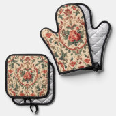 ビンテージ ローズ & バード パターン ロマンティック アールヌーヴォー 鍋つかみ&鍋敷きセット (正面/裏面)