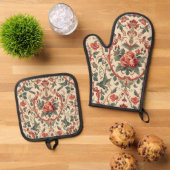 ビンテージ ローズ & バード パターン ロマンティック アールヌーヴォー 鍋つかみ&鍋敷きセット (トップダウン)