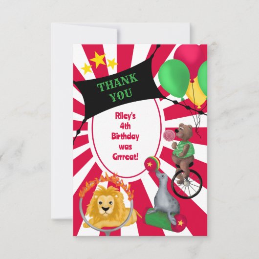 ビンテージ ワイルド サーカス アニマル プライマリー カラー サンキューカード (正面)