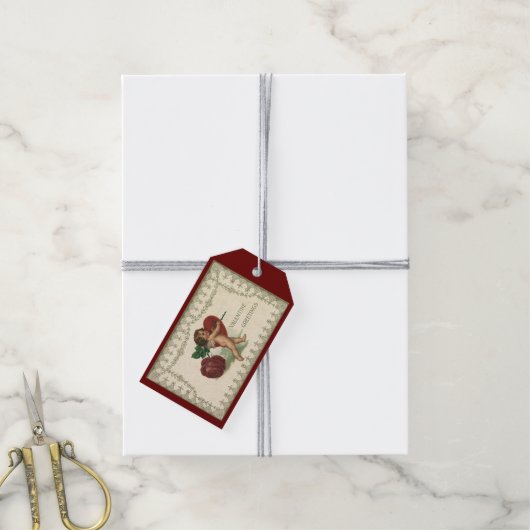 ビンテージ ヴィクトリアン バレンタイン チェルブ、ローズとハート ギフトタグ (より糸付き)